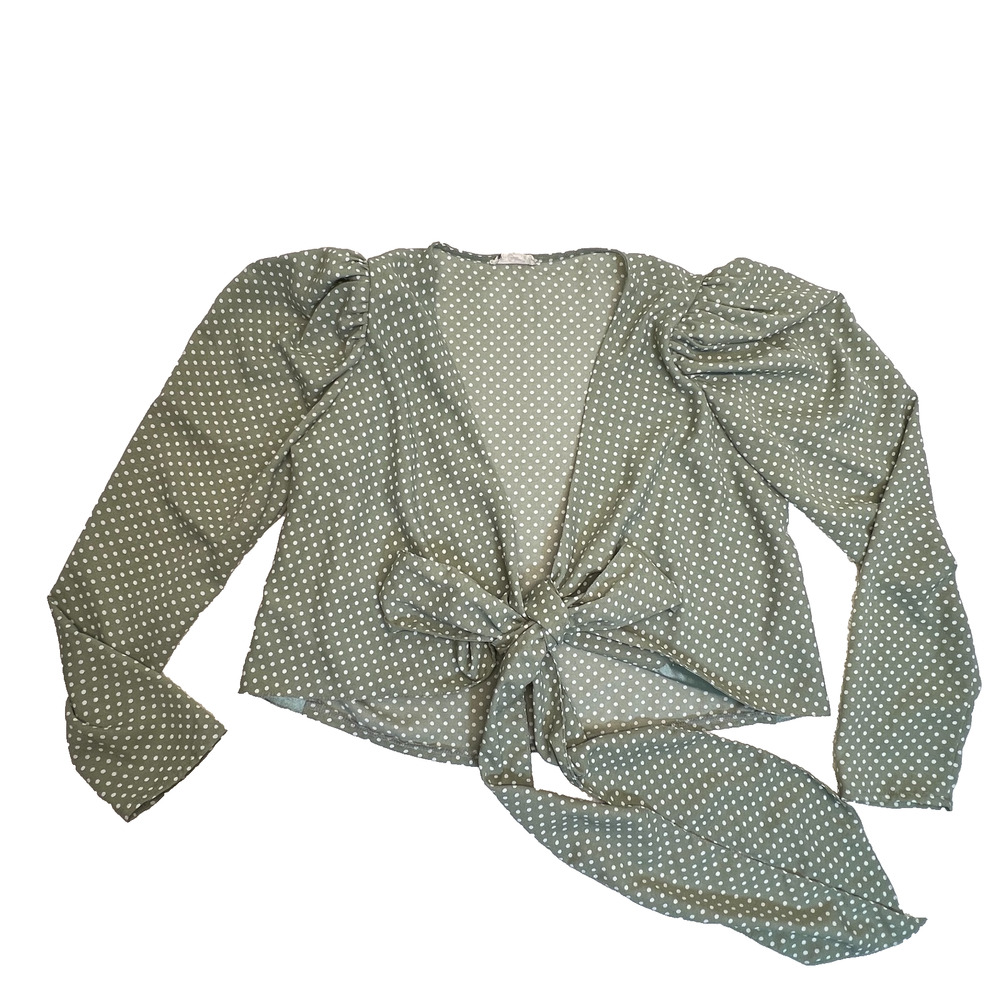 Tea & Cup Womens Crop Top Long Sleeves Tie Front Polka Dot Green/White, Sz L